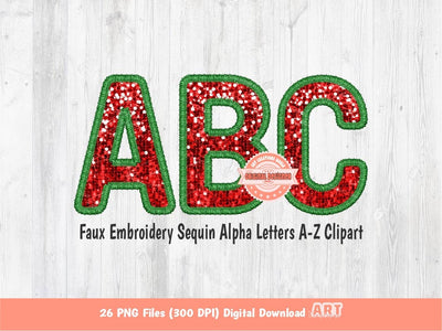 Christmas Letters Faux Embroidery Sequin PNG, Xmas Green Red Glitter Sequins Alpha Set Clipart, Christmas Sublimation & DTF Digital Download