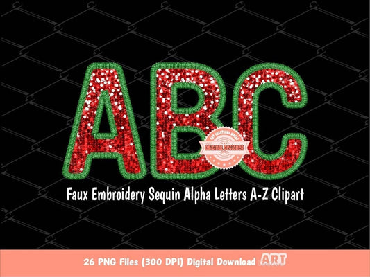 Christmas Letters Faux Embroidery Sequin PNG, Xmas Green Red Glitter Sequins Alpha Set Clipart, Christmas Sublimation & DTF Digital Download