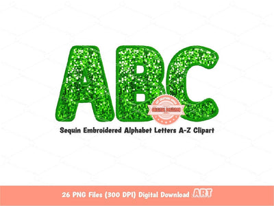 Green Sequin Letters PNG, Original Designer Faux Embroidered Kelly Green Glitter Sequins Alphabet Set Clipart, Custom color Digital Download