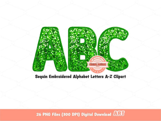 Green Sequin Letters PNG, Original Designer Faux Embroidered Kelly Green Glitter Sequins Alphabet Set Clipart, Custom color Digital Download