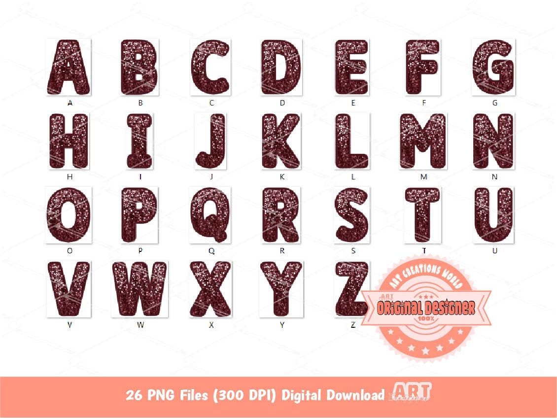 Maroon Sequin Letters PNG, Original Faux Embroidered Dark Red Glitter Sequins Alphabet Set Clipart, Custom alpha Color A-Z Digital Download