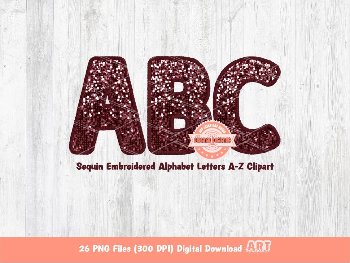 Maroon Sequin Letters PNG, Original Faux Embroidered Dark Red Glitter Sequins Alphabet Set Clipart, Custom alpha Color A-Z Digital Download