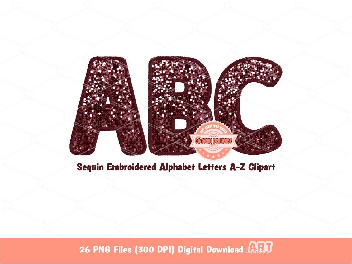 Maroon Sequin Letters PNG, Original Faux Embroidered Dark Red Glitter Sequins Alphabet Set Clipart, Custom alpha Color A-Z Digital Download