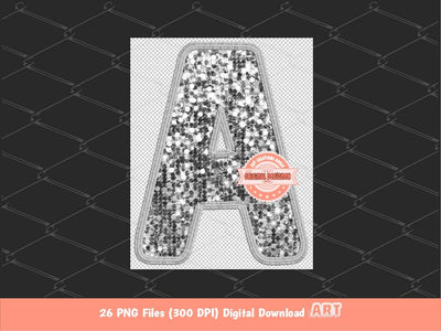 Silver Sequin Letters PNG, Original Designer Faux Embroidered Grey Glitter Sequins Alphabet Set Clipart, Custom Color PNG Digital Download