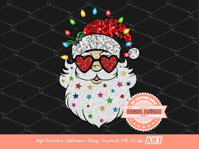 Santa Sequin PNG, Cute Glitter Sparkle Santa face with Red Heart Sunglasses, and Christmas Lights Stars Clipart Sublimation Design Download