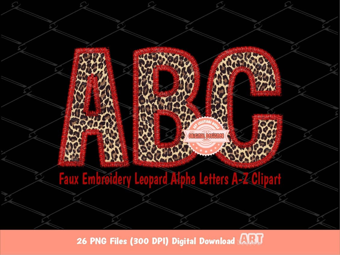 Faux Embroidery Leopard Letters PNG, Cheetah Print Wild Alpha Set Clipart, Red Leopard Christmas Alphabet Sublimation & DTF Digital Download