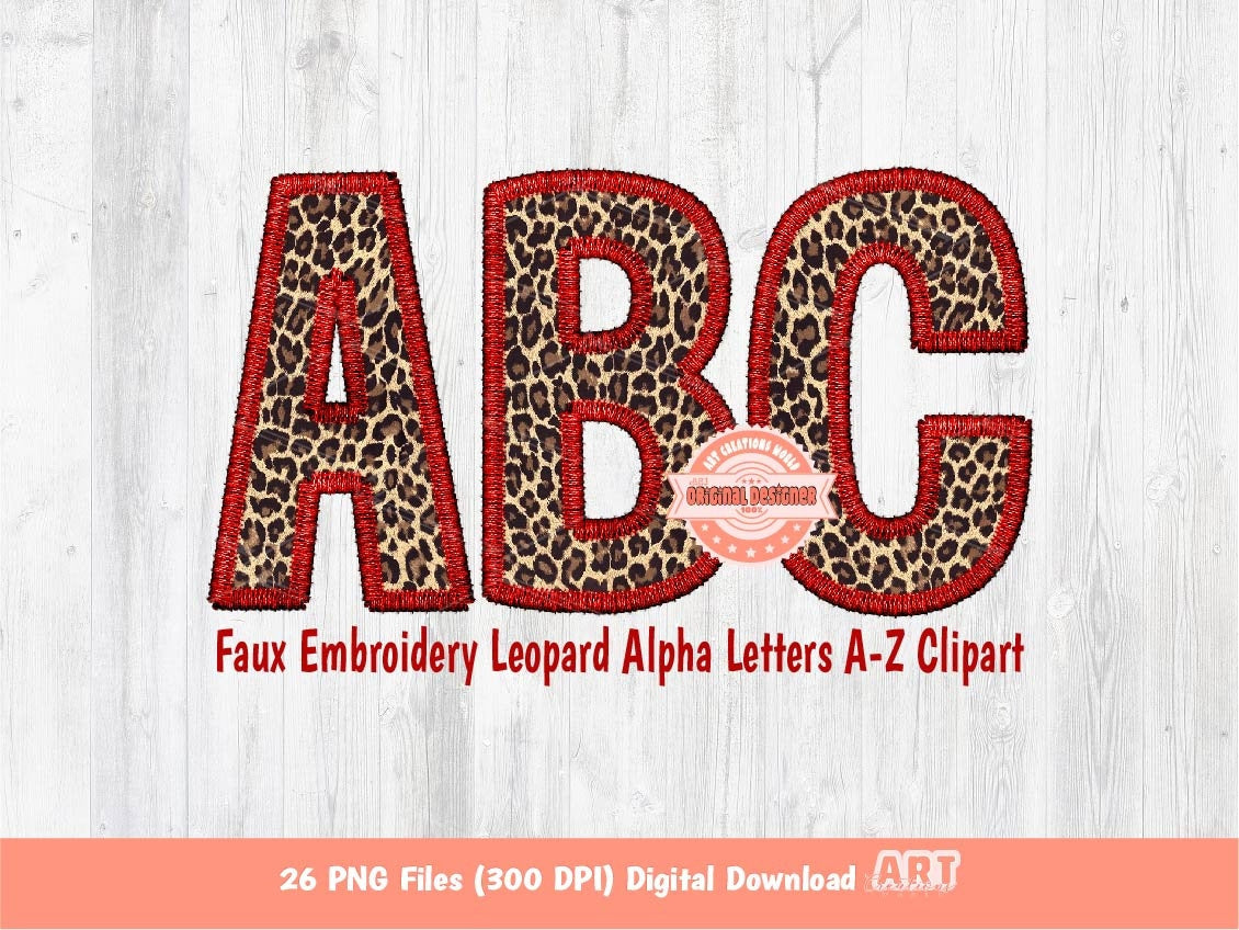 Faux Embroidery Leopard Letters PNG, Cheetah Print Wild Alpha Set Clipart, Red Leopard Christmas Alphabet Sublimation & DTF Digital Download