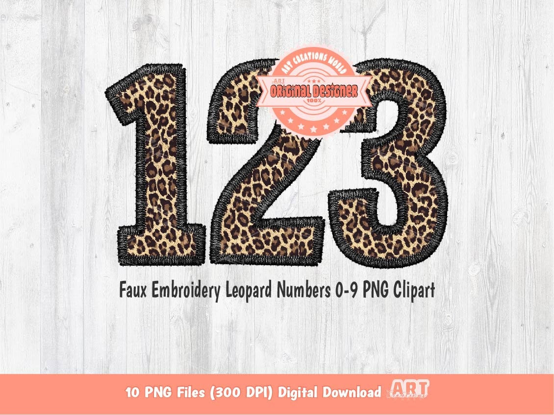 Faux Embroidery Leopard Numbers PNG, Cheetah Print Number 0-9 Set Clipart, Black Leopard Safari Numbers Sublimation & DTF Digital Download