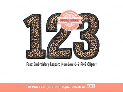 Faux Embroidery Leopard Numbers PNG, Cheetah Print Number 0-9 Set Clipart, Black Leopard Safari Numbers Sublimation & DTF Digital Download