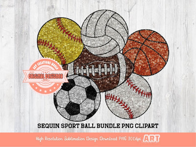 Sports Balls Sequin PNG Bundle, Football, Baseball, Softball, Basketball, Soccer ball, Volleyball Clipart Go Game Day Lover Digital Download
