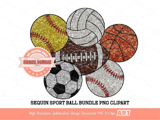 Sports Balls Sequin PNG Bundle, Football, Baseball, Softball, Basketball, Soccer ball, Volleyball Clipart Go Game Day Lover Digital Download