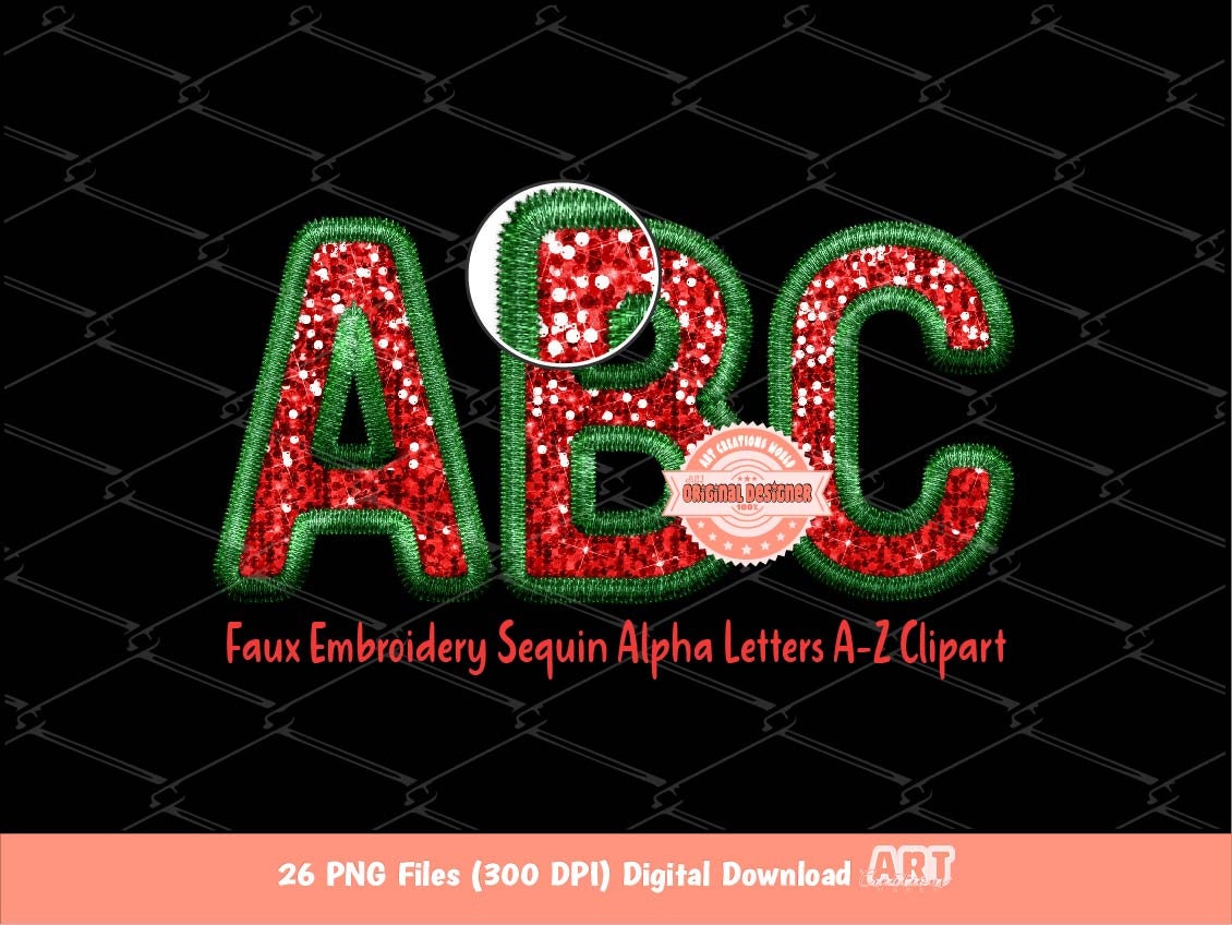 Faux Embroidery Sequin Christmas Letters PNG, Original Designer Green Red Glitter Sequins Alphabet Set Clipart, Holiday Digital Download