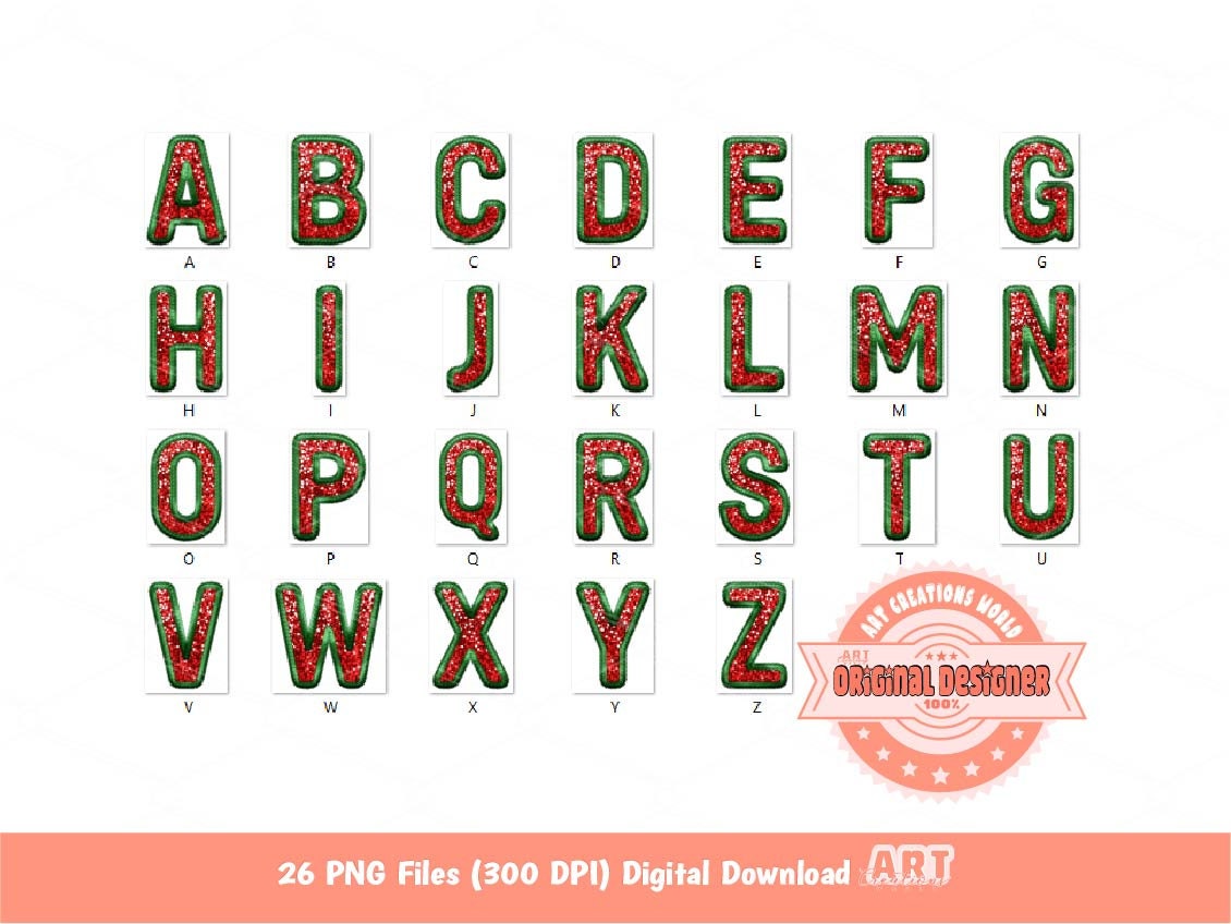 Faux Embroidery Sequin Christmas Letters PNG, Original Designer Green Red Glitter Sequins Alphabet Set Clipart, Holiday Digital Download