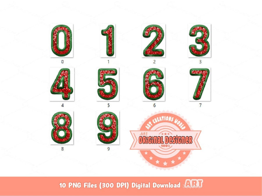 Faux Embroidery Sequin Christmas Numbers PNG, Original Designer Green Red Glitter Sequins Numbers Set 0-9 Clipart, Holiday Digital Download