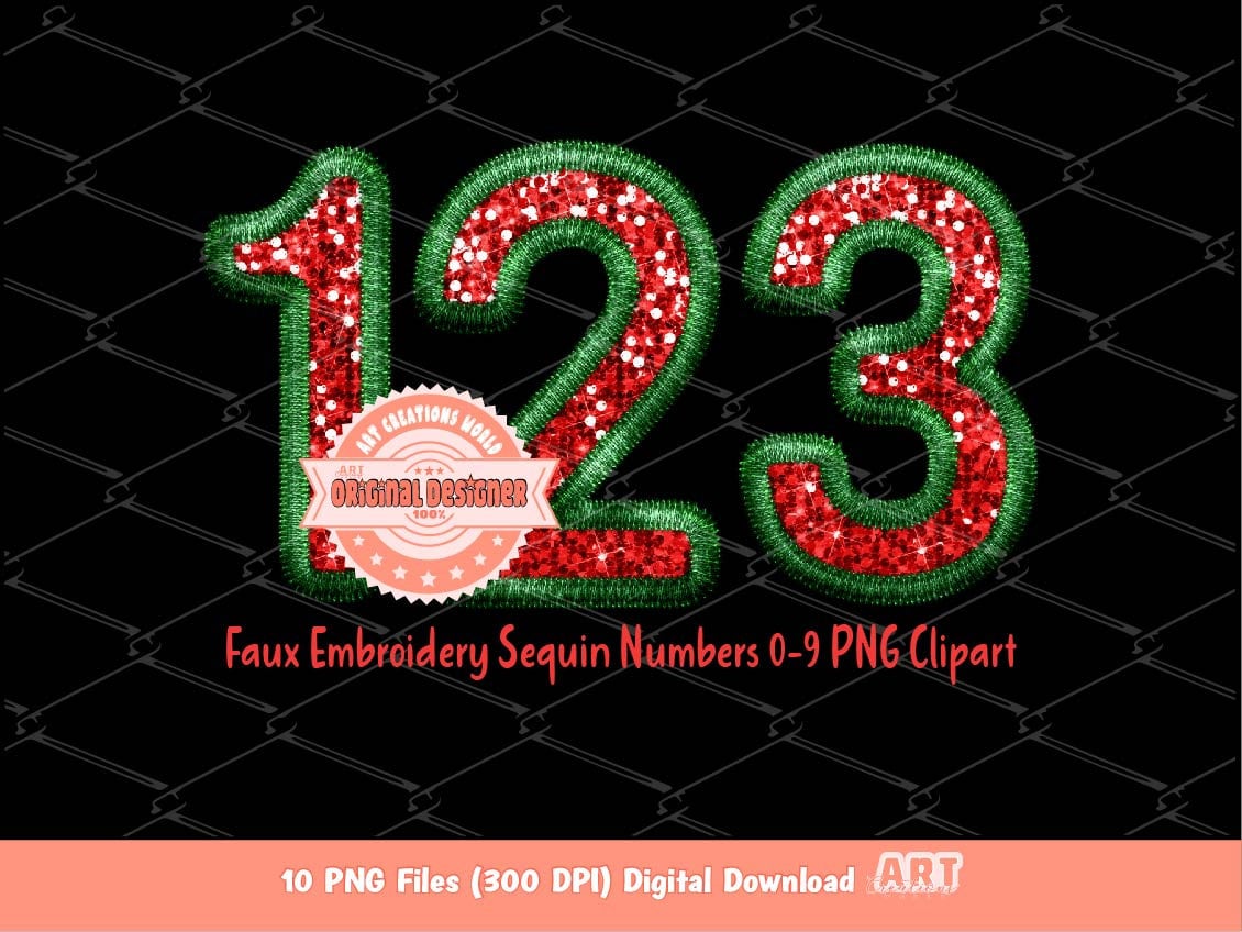 Faux Embroidery Sequin Christmas Numbers PNG, Original Designer Green Red Glitter Sequins Numbers Set 0-9 Clipart, Holiday Digital Download