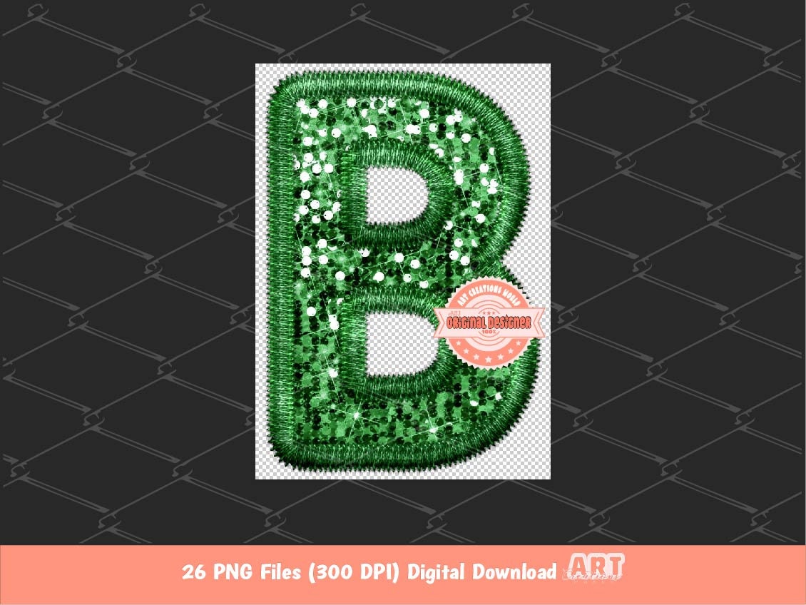 Green Faux Embroidery Sequin Letters PNG, Original Designer Clover Green Lucky charm Glitter Sequins Alphabet Set Clipart Digital Download