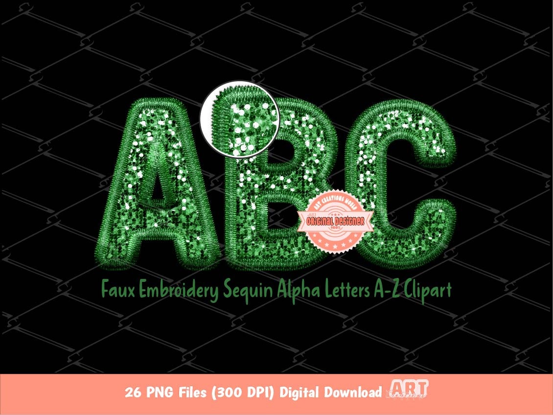 Green Faux Embroidery Sequin Letters PNG, Original Designer Clover Green Lucky charm Glitter Sequins Alphabet Set Clipart Digital Download