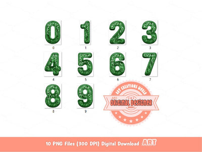 Green Faux Embroidery Sequin Numbers PNG, Original Designer Forest Tree Green Glitter Sequins Numbers Set 0-9 Clipart PNG Digital Download