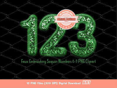 Green Faux Embroidery Sequin Numbers PNG, Original Designer Forest Tree Green Glitter Sequins Numbers Set 0-9 Clipart PNG Digital Download