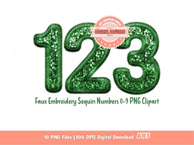Green Faux Embroidery Sequin Numbers PNG, Original Designer Forest Tree Green Glitter Sequins Numbers Set 0-9 Clipart PNG Digital Download