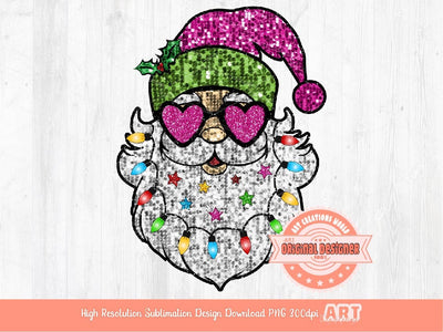 Pink Santa Sunglasses Sequin PNG, Cute Santa face with Hat and Christmas Lights, Glitter sequins Stars Sublimation T shirt Design Download