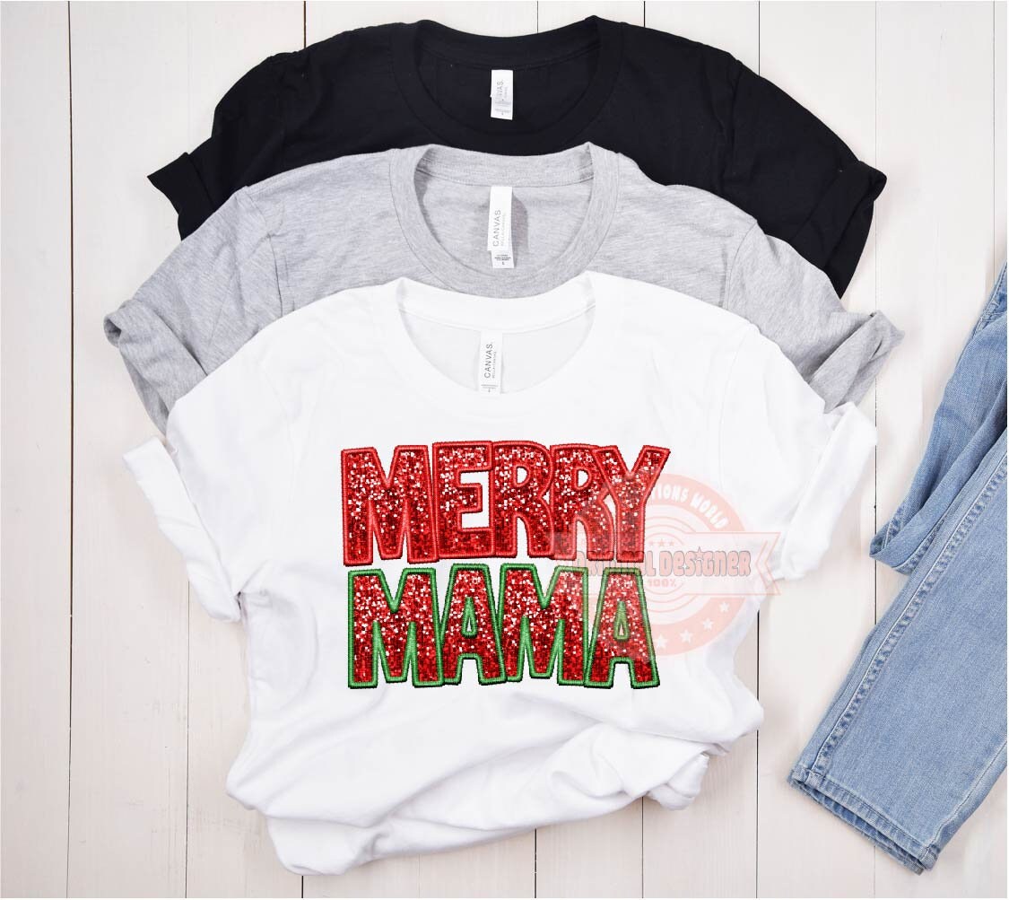 Merry Mama Sequin PNG, Original Christmas Mom Faux Embroidery with Red and Green Glitter Sequins Sublimation & DTF Design Digital Download