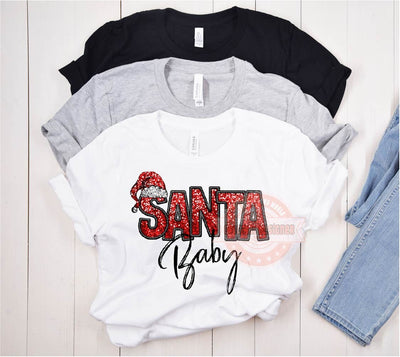 Santa Baby Sequin PNG, Original Xmas Faux Embroidery with Red and Black Glitter Santa Hat Sublimation & DTF T Shirt Design Digital Download