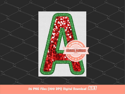 Christmas Letters Faux Embroidery Sequin PNG, Xmas Green Red Glitter Sequins Alpha Set Clipart, Christmas Sublimation & DTF Digital Download