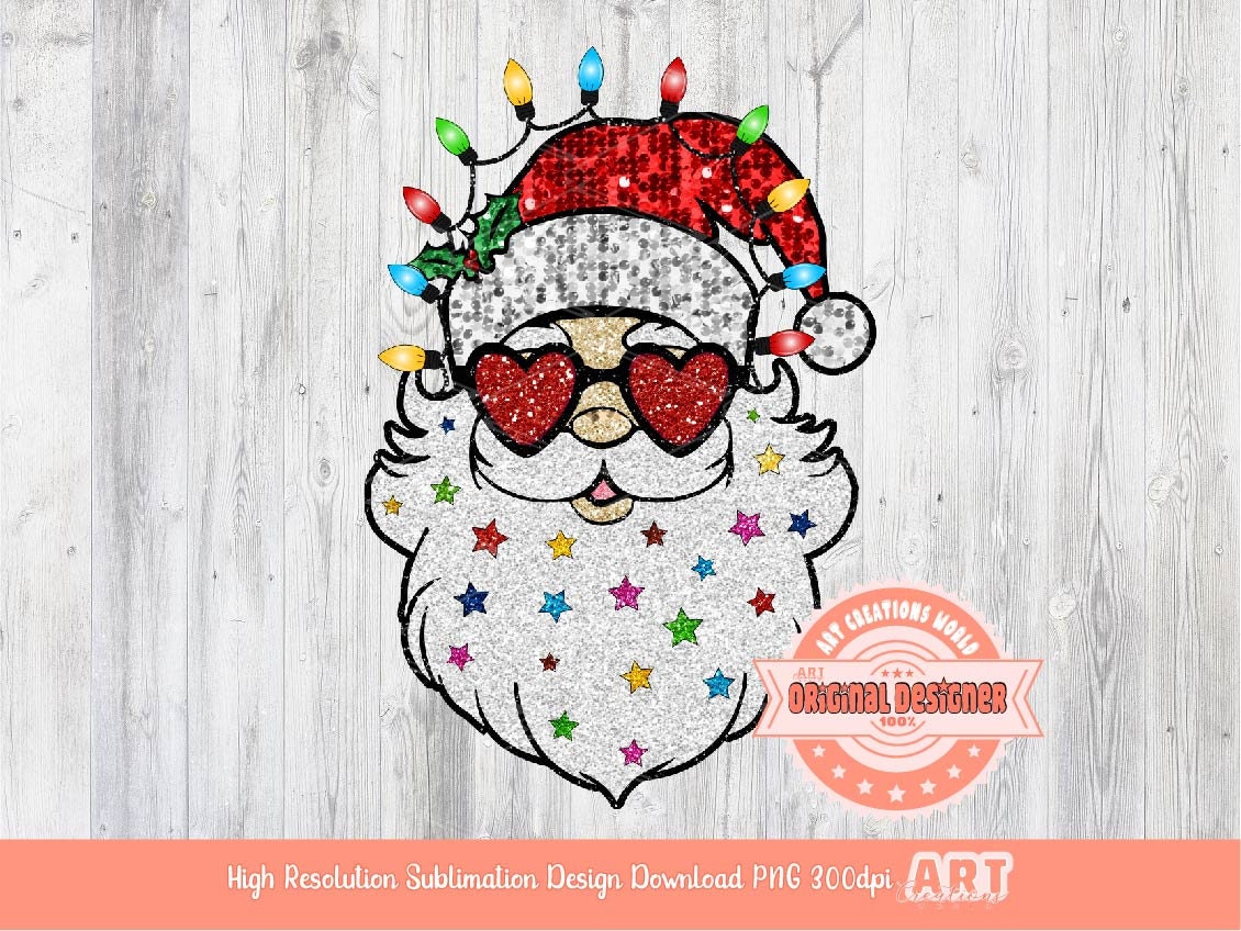 Santa Sequin PNG, Cute Glitter Sparkle Santa face with Red Heart Sunglasses, and Christmas Lights Stars Clipart Sublimation Design Download