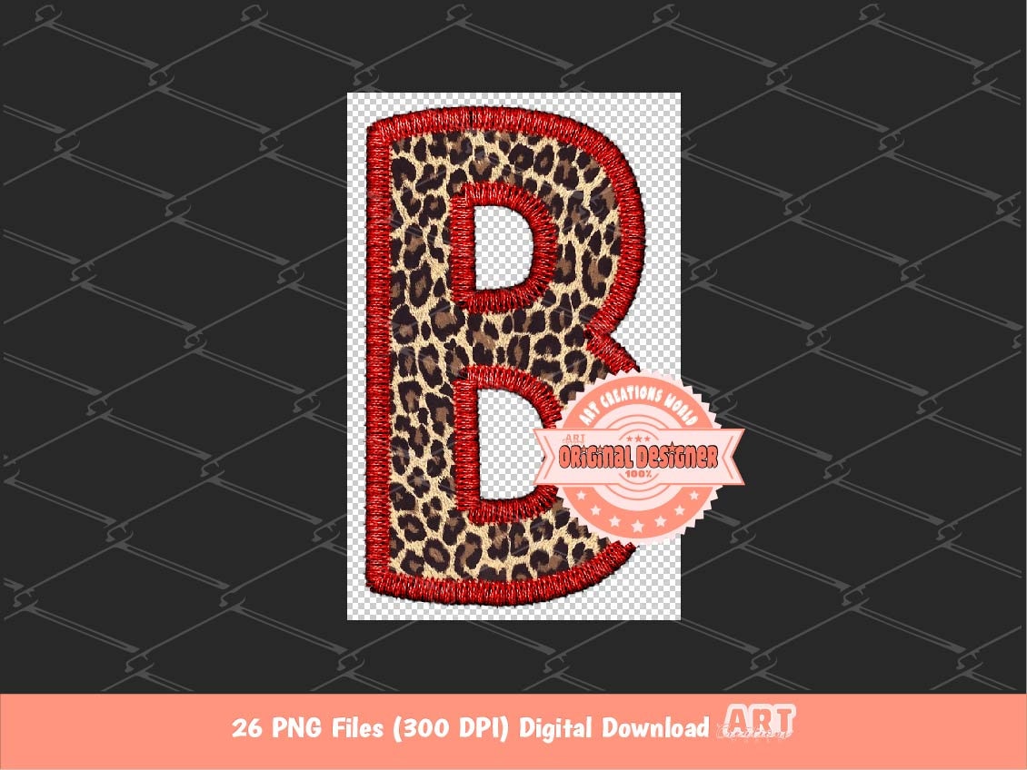 Faux Embroidery Leopard Letters PNG, Cheetah Print Wild Alpha Set Clipart, Red Leopard Christmas Alphabet Sublimation & DTF Digital Download