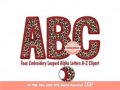 Faux Embroidery Leopard Letters PNG, Cheetah Print Wild Alpha Set Clipart, Red Leopard Christmas Alphabet Sublimation & DTF Digital Download