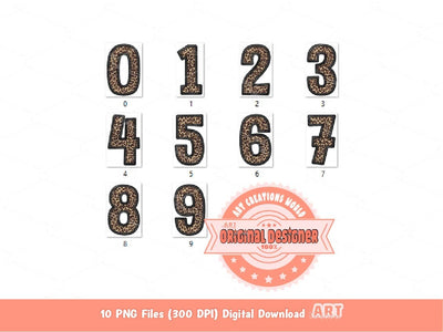 Faux Embroidery Leopard Numbers PNG, Cheetah Print Number 0-9 Set Clipart, Black Leopard Safari Numbers Sublimation & DTF Digital Download