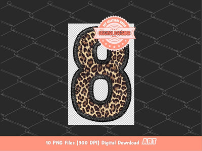 Faux Embroidery Leopard Numbers PNG, Cheetah Print Number 0-9 Set Clipart, Black Leopard Safari Numbers Sublimation & DTF Digital Download