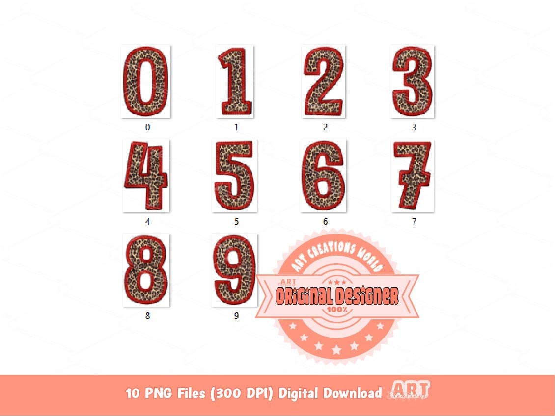 Faux Embroidery Leopard Numbers PNG, Cheetah Print Number 0-9 Set Clipart, Red Leopard Safari Numbers Sublimation & DTF Digital Download