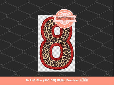 Faux Embroidery Leopard Numbers PNG, Cheetah Print Number 0-9 Set Clipart, Red Leopard Safari Numbers Sublimation & DTF Digital Download
