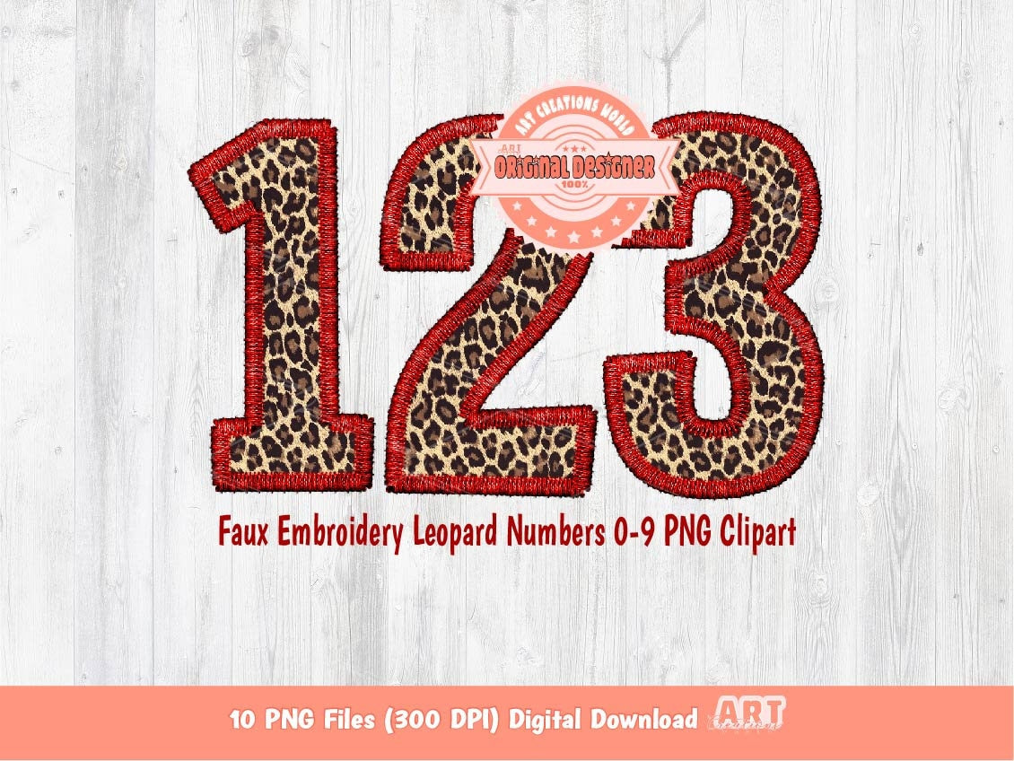 Faux Embroidery Leopard Numbers PNG, Cheetah Print Number 0-9 Set Clipart, Red Leopard Safari Numbers Sublimation & DTF Digital Download