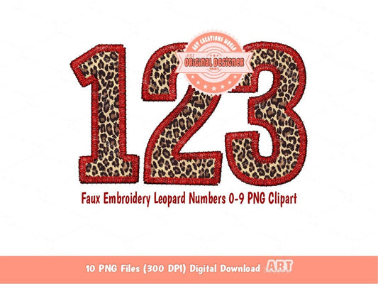 Faux Embroidery Leopard Numbers PNG, Cheetah Print Number 0-9 Set Clipart, Red Leopard Safari Numbers Sublimation & DTF Digital Download