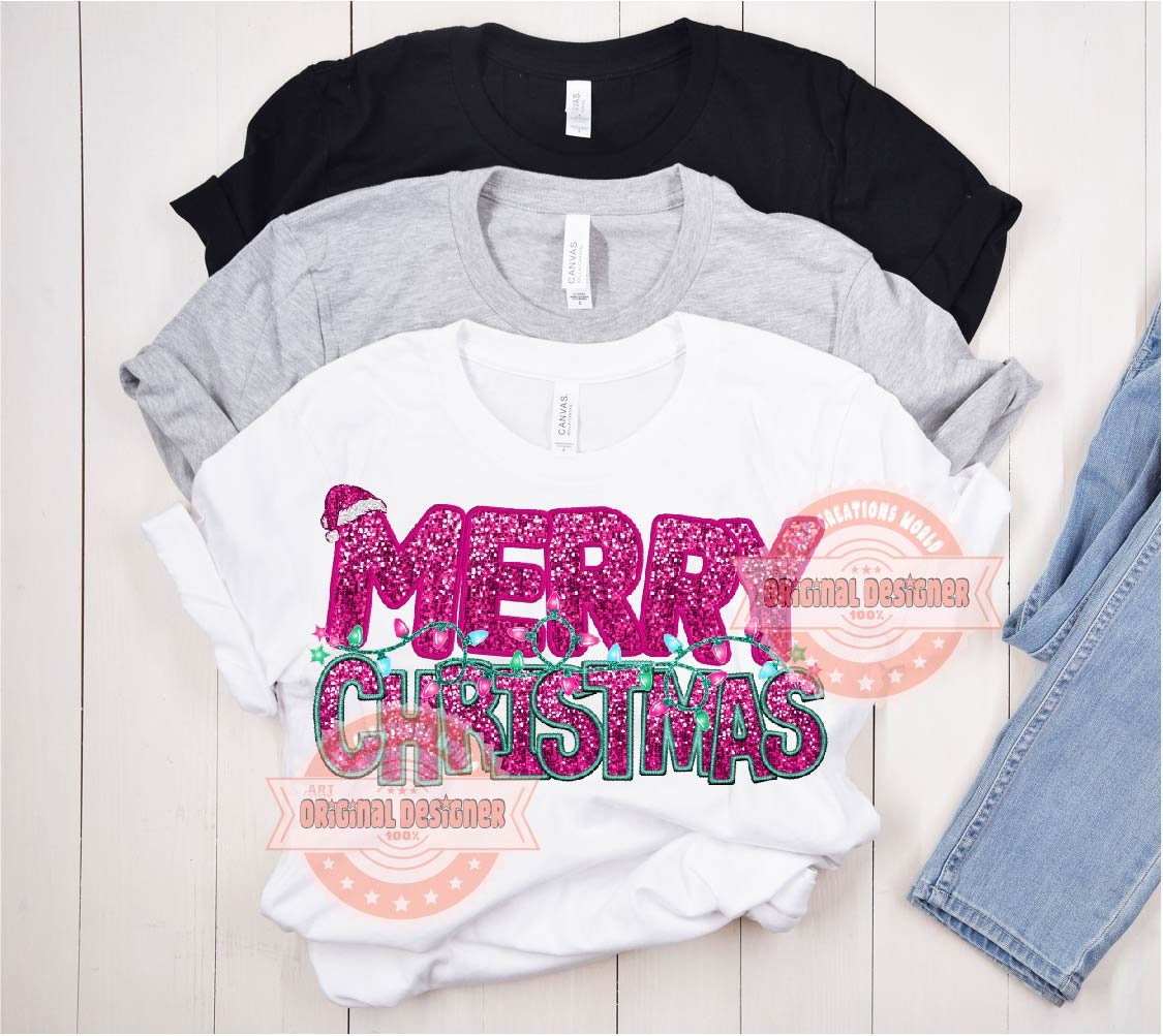 Pink Merry Christmas Sequin PNG, Original Xmas Faux Embroidery with Pink and Turquoise Blue Glitter Lights & Santa hat T shirt design