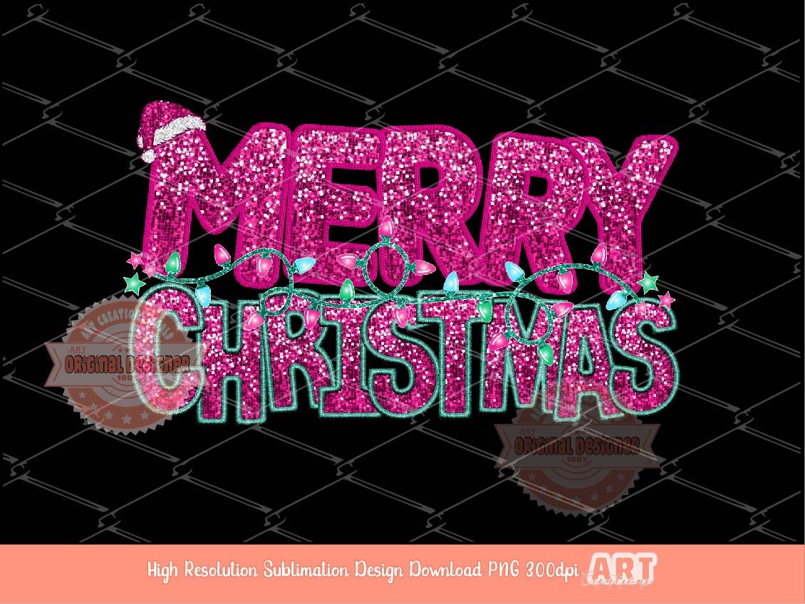 Pink Merry Christmas Sequin PNG, Original Xmas Faux Embroidery with Pink and Turquoise Blue Glitter Lights & Santa hat T shirt design