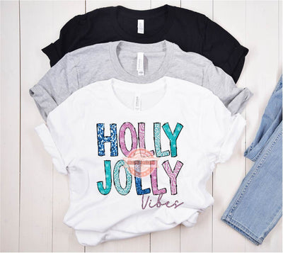 Holly Jolly Vibes Glitter Sequin PNG, Original Sparkle Pink Teal Blue Doodle letters Christmas PNG Sublimation & DTF T Shirt Design Download