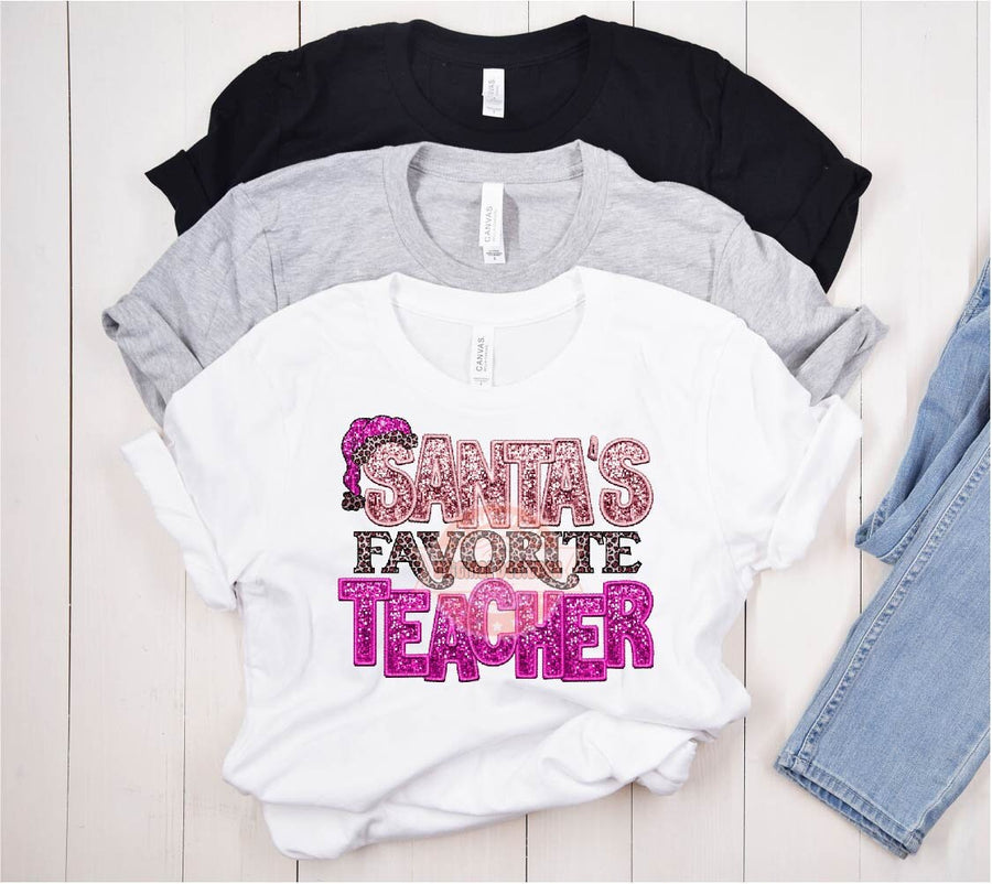 Pink Santa's Favorite Teacher Sequin PNG, Original Christmas Teacher Faux Embroidery with Glitter Leopard Sublimation Shirt Design Download