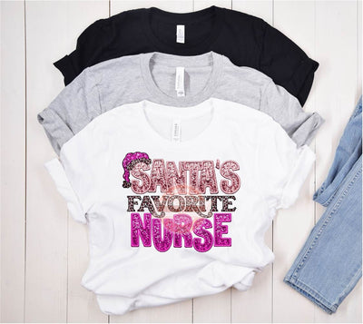 Pink Santa's Favorite Nurse Sequin PNG, Original Christmas Nurse Faux Embroidery with Glitter Leopard Sublimation T Shirt Design Download