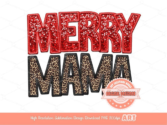 Merry Mama Faux Embroidery Leopard Sequin PNG, Original Designer Christmas Mom Cheetah Print Red Glitter Sublimation & DTF Design Download