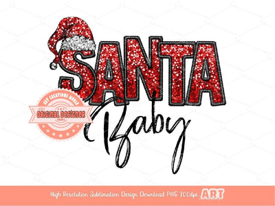 Santa Baby Sequin PNG, Original Xmas Faux Embroidery with Red and Black Glitter Santa Hat Sublimation & DTF T Shirt Design Digital Download