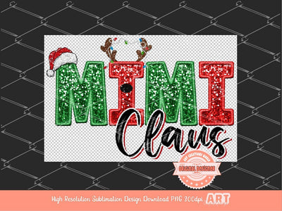 Mimi Claus Faux Embroidery Sequin PNG, Original Christmas Design with Red and Green Glitter Reindeer Antlers &  Santa Hat Sublimation Design