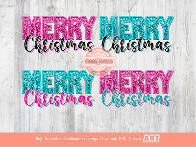 Pink Merry Christmas Sequin PNG Bundle, Original Xmas Faux Embroidery with Pink and Teal Blue Glitter sequins Png Sublimation & DTF Digital