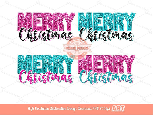 Pink Merry Christmas Sequin PNG Bundle, Original Xmas Faux Embroidery with Pink and Teal Blue Glitter sequins Png Sublimation & DTF Digital