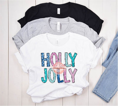 Holly Jolly Glitter Sequin PNG, Original Designer Sparkle Pink Blue Doodle letters Christmas PNG Sublimation & DTF T Shirt Design Download
