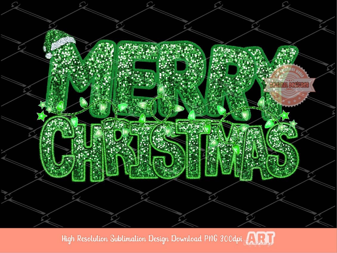 Merry Christmas Green Sequin PNG, Original Xmas Faux Embroidery with Retro Green Glitter Lights and Santa hat Sublimation Design Download