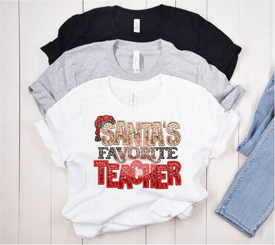 Santa's Favorite Teacher Sequin PNG, Original Christmas Teacher Faux Embroidery with Glitter Red and Leopard Sublimation Design Download